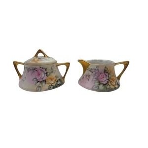 Vintage Hand Painted Porcelain Creamer Sugar Bowl Set Floral Gold Trim Cottage